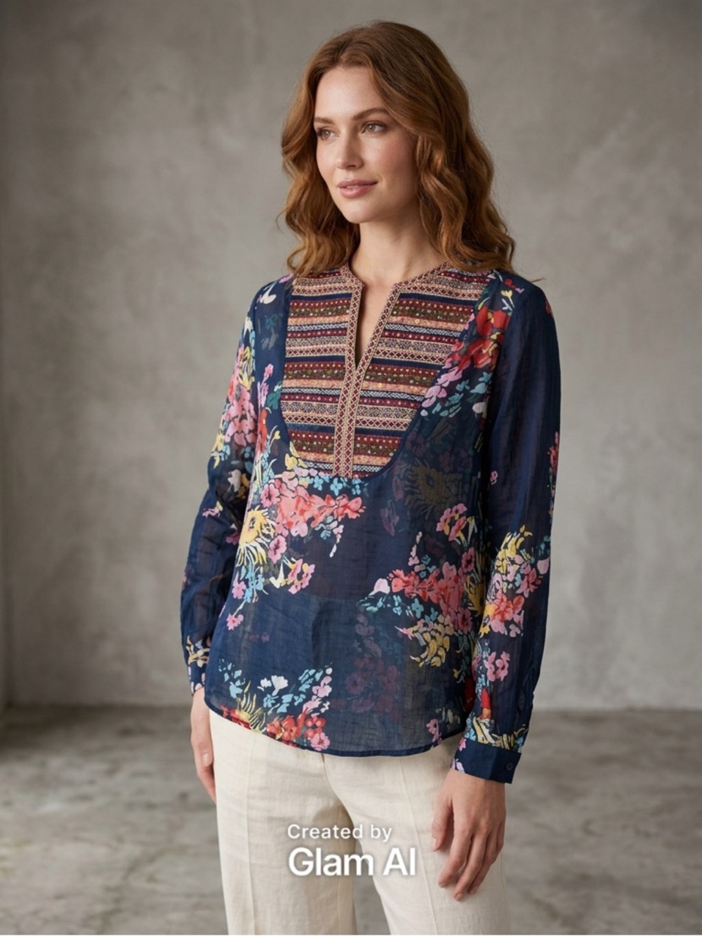 Magazine Boho Embroidered Floral Sheer Blouse Top Large Navy Multicolor